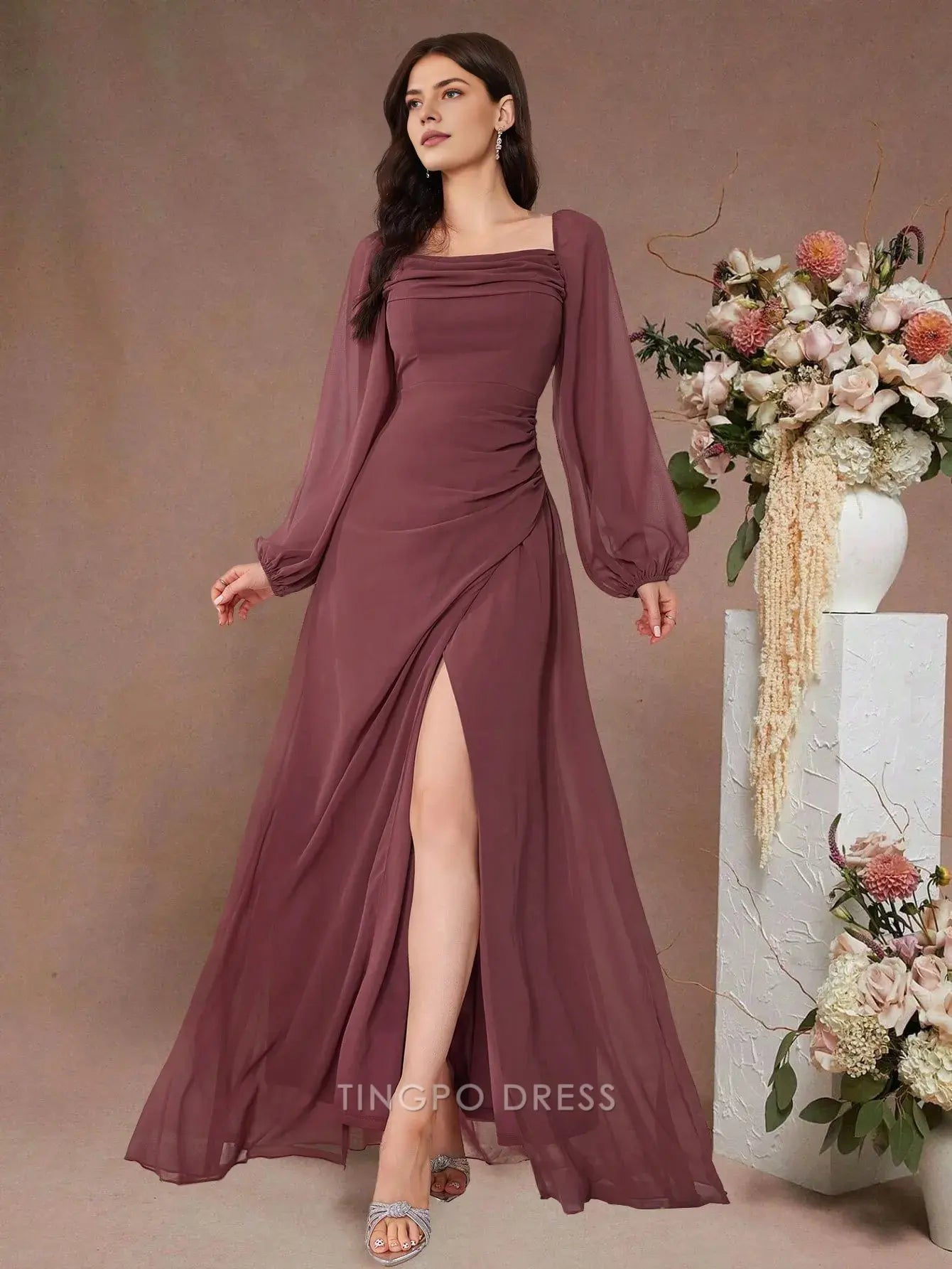 Elegant Square Neck Draped Long Sleeve Maxi Dress with Side Slit and Open Back Prom Dress